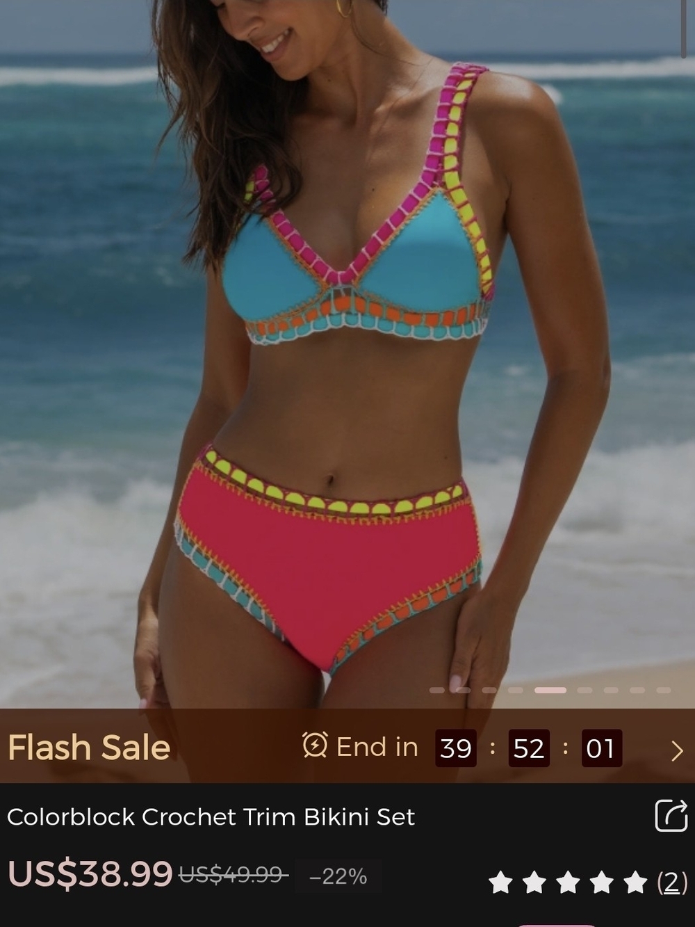 Colorblock Crochet Trim High-Waist Bikini - Turquoise & Hot Pink